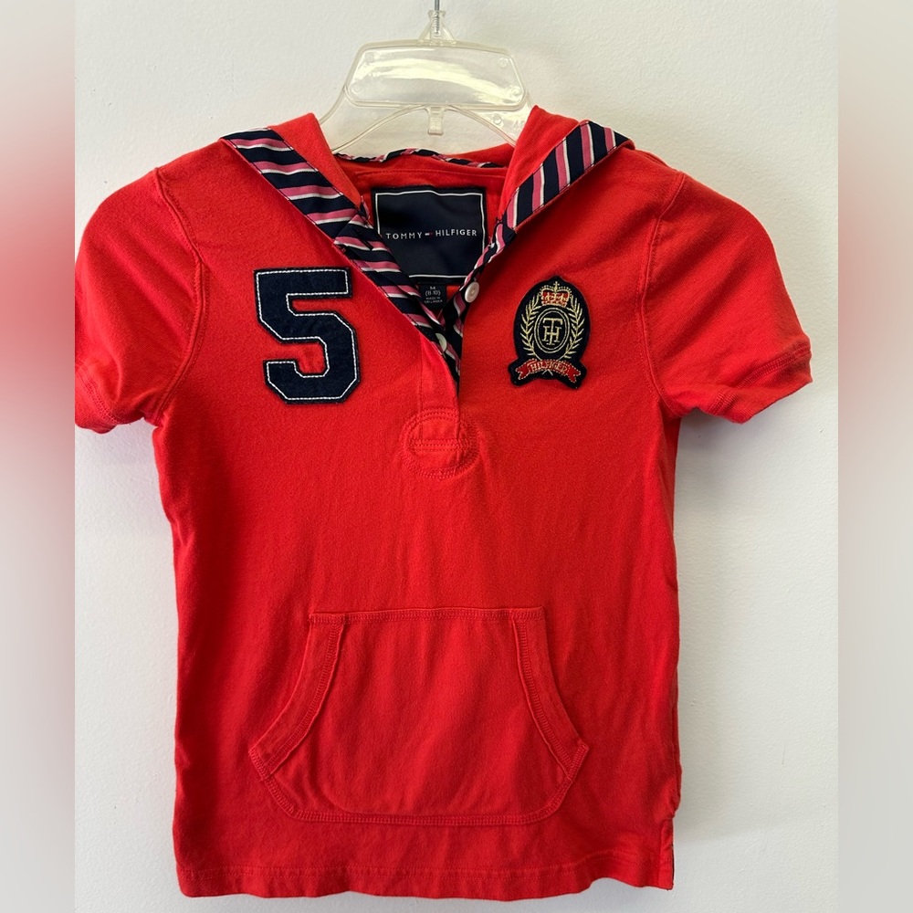 Tommy Hilfiger Red/Orange Hooded Polo Shirt with Embroidered Logo